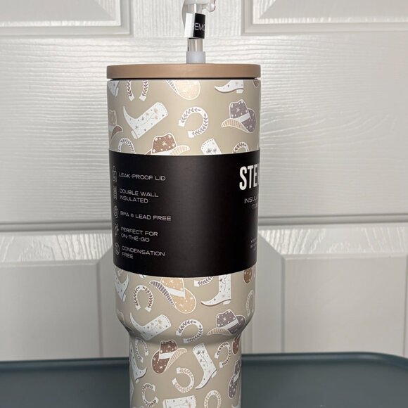 Steve Madden 40oz Insulated Stainless Steel Tumbler Western Theme Cup w/ Handle - Picture 6 of 7